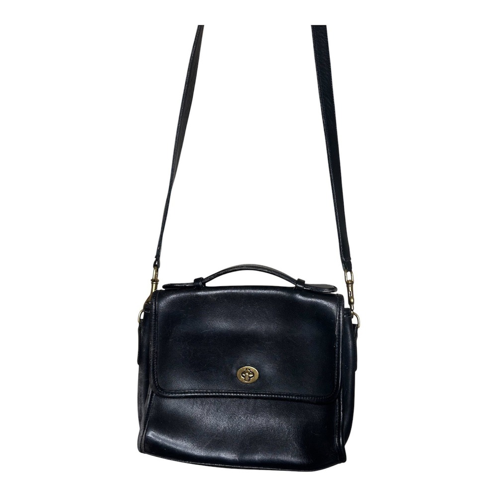 Vintage Coach Turnlock Black Leather Turnlock Crossbody Shoulder Bag USA 9870
